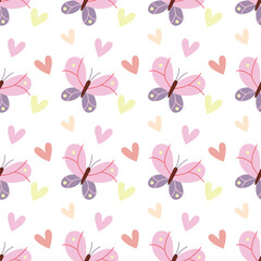 Cute Seamless Butterfly Pattern with Hearts in Pastel Colors