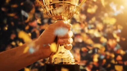 Hand holding a gold trophy amidst a colorful, celebratory backdrop.