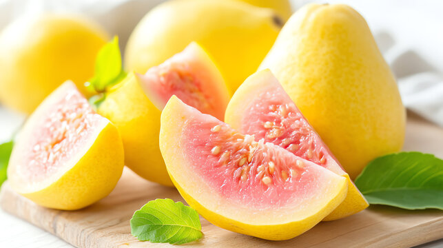 Fresh yellow guavas and slices on a wooden board, showcasing vibrant colors and juicy texture, perfect for culinary inspiration.