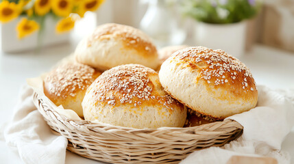 Freshly baked bread rolls in a rustic basket, perfect for breakfast or as a side dish, garnished with sesame seeds.