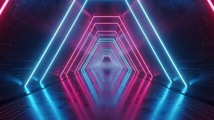 Futuristic neon light tunnel with glowing blue and pink hexagonal frames creating a vibrant, dynamic, and immersive abstract virtual reality experience, perfect for background