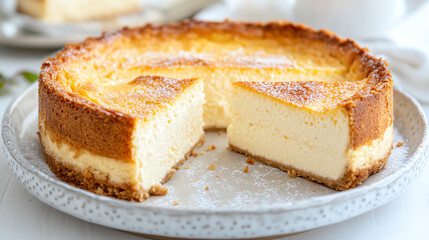 Freshly baked cheesecake with a golden crust, creamy filling, and a slice missing, showcasing its delicious texture.