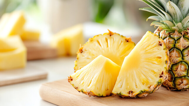 Freshly cut pineapple slices on a wooden board, highlighting their juicy texture and vibrant color, perfect for healthy snacks. - Powered by Adobe