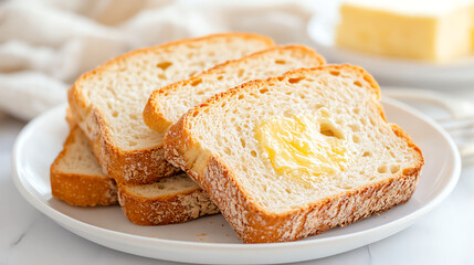 Freshly sliced bread with butter on a white plate, perfect for breakfast or a delicious snack.