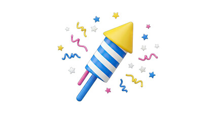 3D Rendered Firework Rocket with Confetti on White Background
