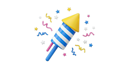3D Rendered Firework Rocket with Confetti on White Background