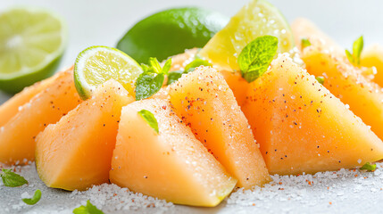 Freshly sliced cantaloupe garnished with lime and mint, offering a refreshing summer treat bursting with flavor.