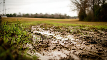 Muddy path leads into a grassy field under a cloudy sky, with trees and buildings faintly visible in the background on a rural agricultural landscape.