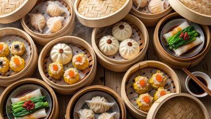 Assorted dim sum in traditional bamboo steamer baskets with dipping sauce
