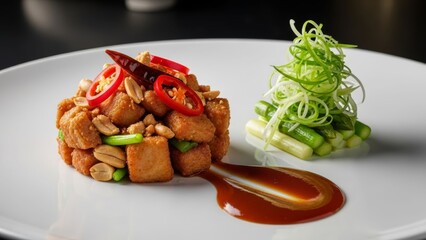 Elegant dish with crispy tofu, spicy chili slices, and fresh vegetable curls