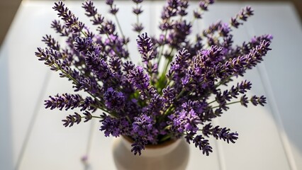 bouquet of fragrant purple lavender flowers in a ceramic vase on a white wooden surface, bathed in soft natural sunlight, delicate blossoms, aromatic herb, beautiful floral decoration, spring