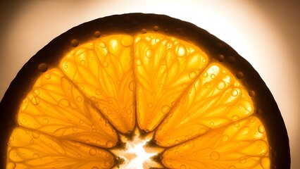 extreme close up macro shot of backlit orange citrus fruit slice revealing translucent pulp and juicy segments, tiny water droplets, bright vibrant color, healthy food