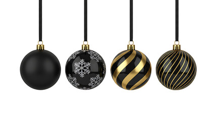 Elegant black and gold christmas ornaments collection against a black background isolated on transparent background