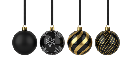 Elegant black and gold christmas ornaments collection against a black background isolated on transparent background