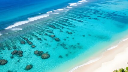 aerial view of tropical beach with white sand and clear turquoise ocean water showing coral reefs below surface, lush green palm trees on coast, paradise island