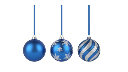 Three different blue christmas ornaments hanging on a black background isolated on transparent background