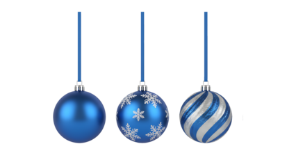 Three different blue christmas ornaments hanging on a black background isolated on transparent background