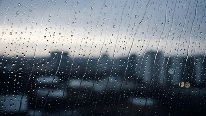raindrops on window pane with blurred city skyline background at dusk, overcast sky, wet glass surface, gloomy weather, urban environment, melancholic mood