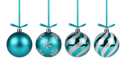 Four different teal christmas ornaments hanging against a black backdrop, showcasing holiday designs isolated on transparent background