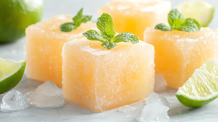 Refreshing ice cubes made from fruit juice, garnished with mint and lime, perfect for summer drinks and desserts.