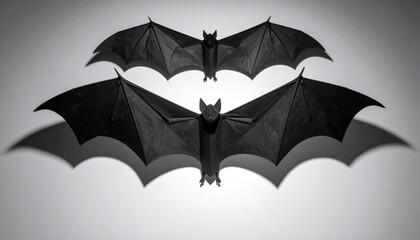 Two Black Origami Bats with Dramatic Shadows on White Background