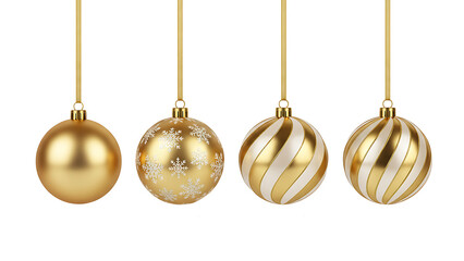 A collection of four elegant gold christmas ornaments with varying designs isolated on transparent background