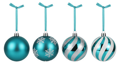 A collection of four teal christmas ornaments with different patterns isolated on transparent background