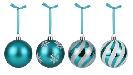 A collection of four teal christmas ornaments with different patterns isolated on transparent background