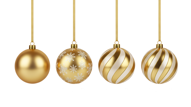 A collection of four elegant gold christmas ornaments with varying designs isolated on transparent background - Powered by Adobe