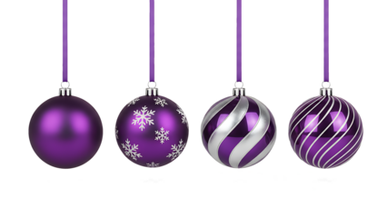 A collection of four purple and silver christmas ornaments with various patterns hanging from strings isolated on transparent background