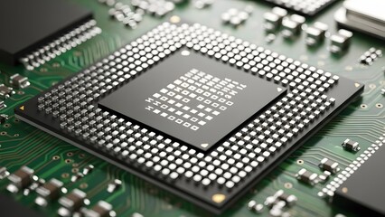 Close-up view of a modern computer processor chip on a green circuit board, symbolizing advanced technology, computing power, and artificial intelligence in digital world