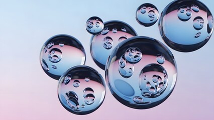 Group of clear transparent glass spheres or bubbles with smaller bubbles inside, floating against a soft gradient background in shades of pink and blue, symbolizing purity and lightness