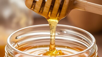 golden honey dripping from wooden dipper into glass jar close up macro shot slow motion viscous sweet natural food ingredient healthy organic product macro photography amber color