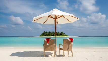 tropical beach paradise with two chairs under umbrella wearing santa hats turquoise ocean white sand palm trees distant island clear blue sky christmas vacation