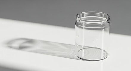 Empty Glass Jar with Long Shadow on White Surface.
