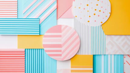 Playful abstract geometric composition showcasing vibrant collage of layered shapes and diverse patterns, including stripes, dots, and ribbed textures, in modern pastel palette of blue, pink, yellow, 