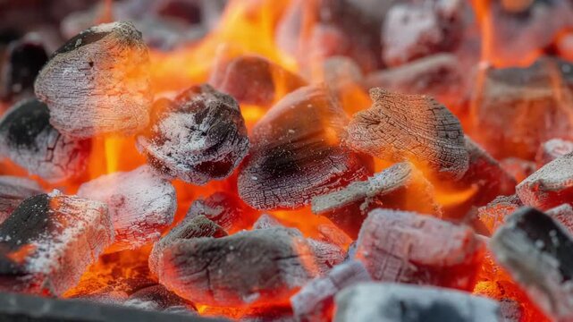 Close up of Glowing Hot Charcoal Briquettes with Orange Flames