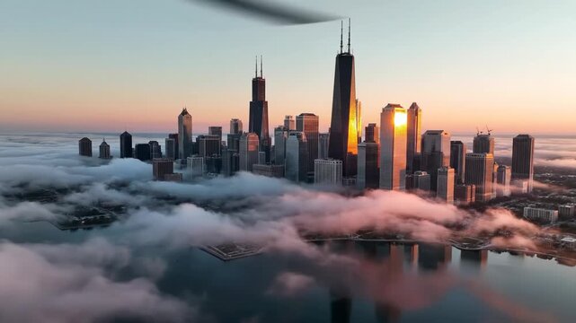 Aerial view of chicago cityscape above foggy clouds at sunrise or sunset 4k video