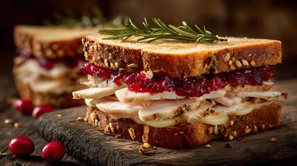 Delicious turkey sandwich with cranberry sauce and rosemary on rustic wooden board