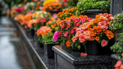 Vibrant orange and pink potted flowers arranged neatly in row on polished, wet black granite tombstone, symbolizing remembrance and devotion.