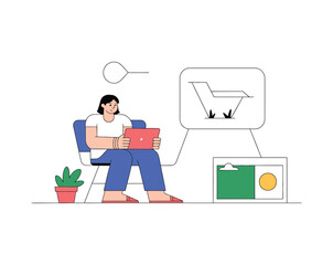 Online Furniture Shopping Illustration &ndash; Woman Using Tablet to Buy Chair Vector

