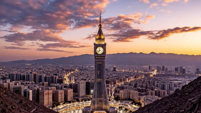 Makkah royal clock tower at sunset with mountain view in saudi arabia 4k video