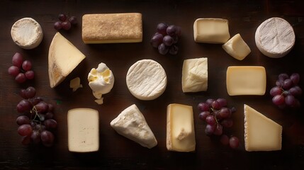 Assorted cheeses and grapes on a dark wooden surface.