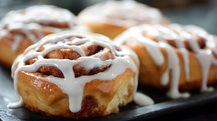 Close-up of delicious cinnamon rolls drizzled with sweet white icing