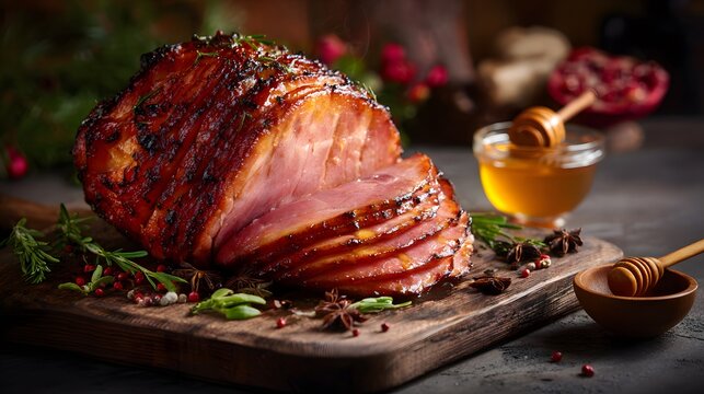 Glazed spiral cut ham with honey and herbs on a wooden board for holiday feast