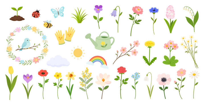 Spring vector set with flowers, grass, leaves, sprout, watering can, gloves, bird, butterfly, bee, ladybug, sun, cloud, rainbow, wreath, branches