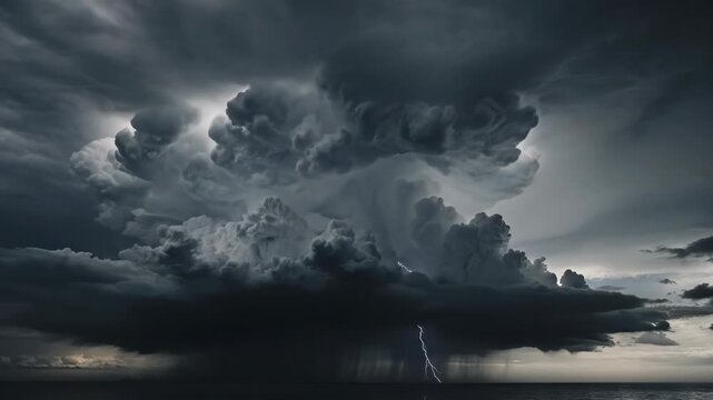 Dark and ominous stormy cloud formation over the ocean with heavy rain 4k video