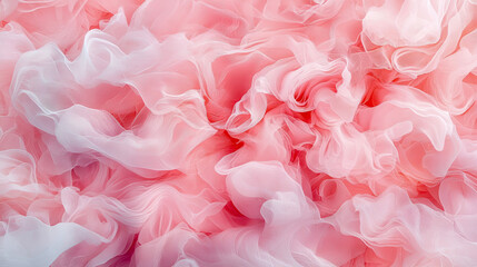 Obraz premium Ethereal Flowing Pink and White Fabric Texture Background: Soft Dreamy Pastel Ruffles and Delicate Layers of Sheer Material, Abstract Wavy Pattern for Gentle Elegance