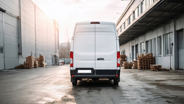 White Delivery Cargo Van Mockup, Rear View, Parked at Industrial Warehouse Loading Dock on Wet Asphalt. Logistics, Distribution, and Transport Service Concept.