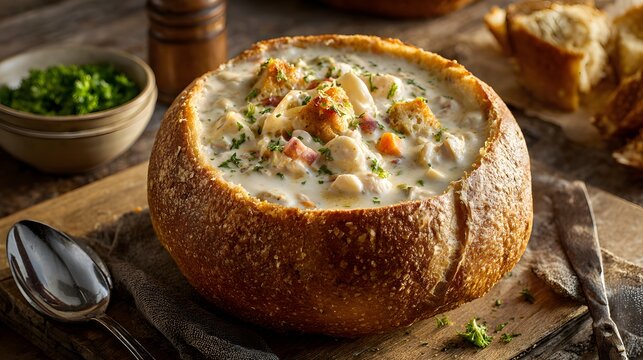 Hearty chicken chowder served in a hollowed-out sourdough bread bowl with croutons
